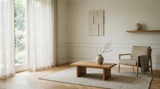 Interieur Japandi epure avec matieres naturelles et lumiere douce