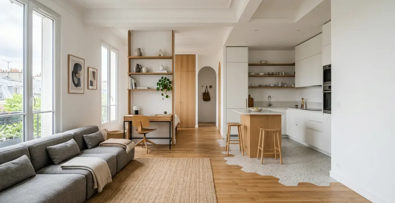 Intérieur spacieux et modulable d'un appartement contemporain français avec zones fonctionnelles évolutives