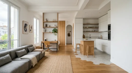 Intérieur spacieux et modulable d'un appartement contemporain français avec zones fonctionnelles évolutives