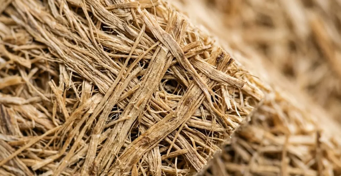 Gros plan extreme sur la texture fibreuse d'un panneau d'isolant biosource en fibre de bois montrant sa densite et sa structure
