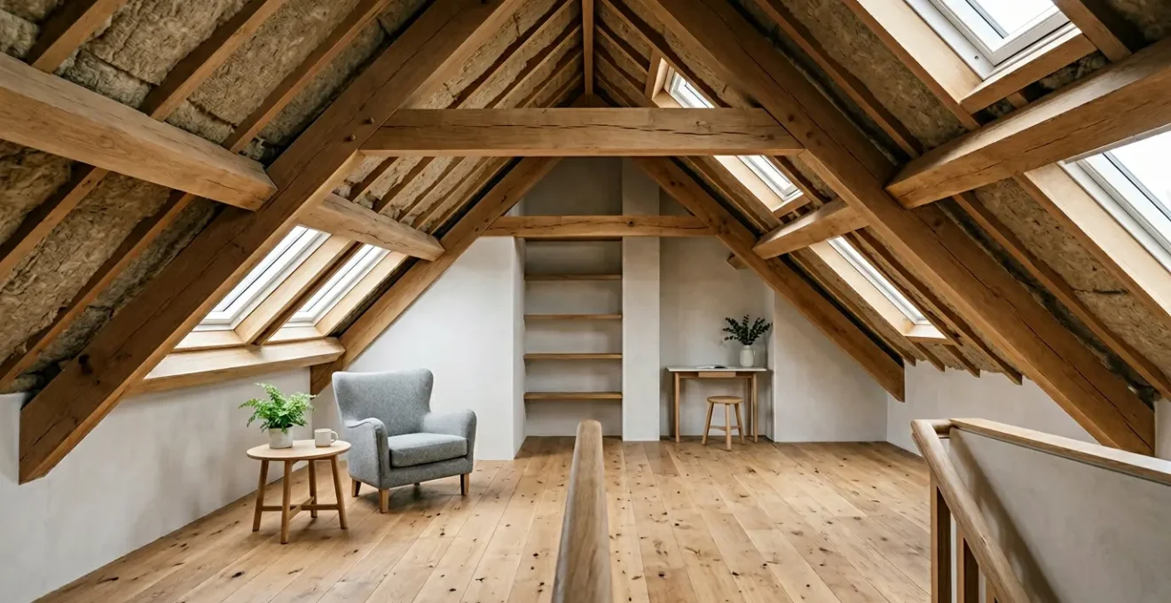 Combles aménagés sous toiture avec isolation thermique visible entre les poutres en bois pour un confort optimal été comme hiver
