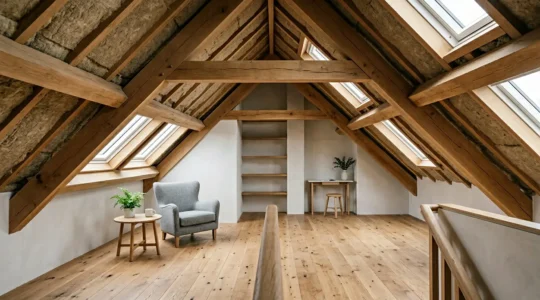 Combles aménagés sous toiture avec isolation thermique visible entre les poutres en bois pour un confort optimal été comme hiver