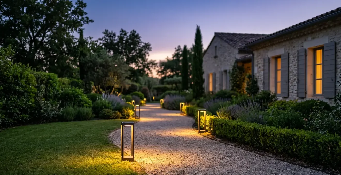 Jardin moderne français éclairé la nuit par des lampes solaires LED le long d'une allée