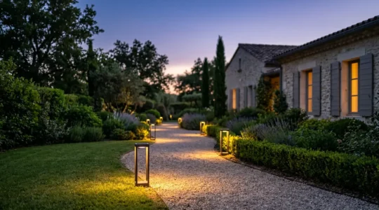 Jardin moderne français éclairé la nuit par des lampes solaires LED le long d'une allée