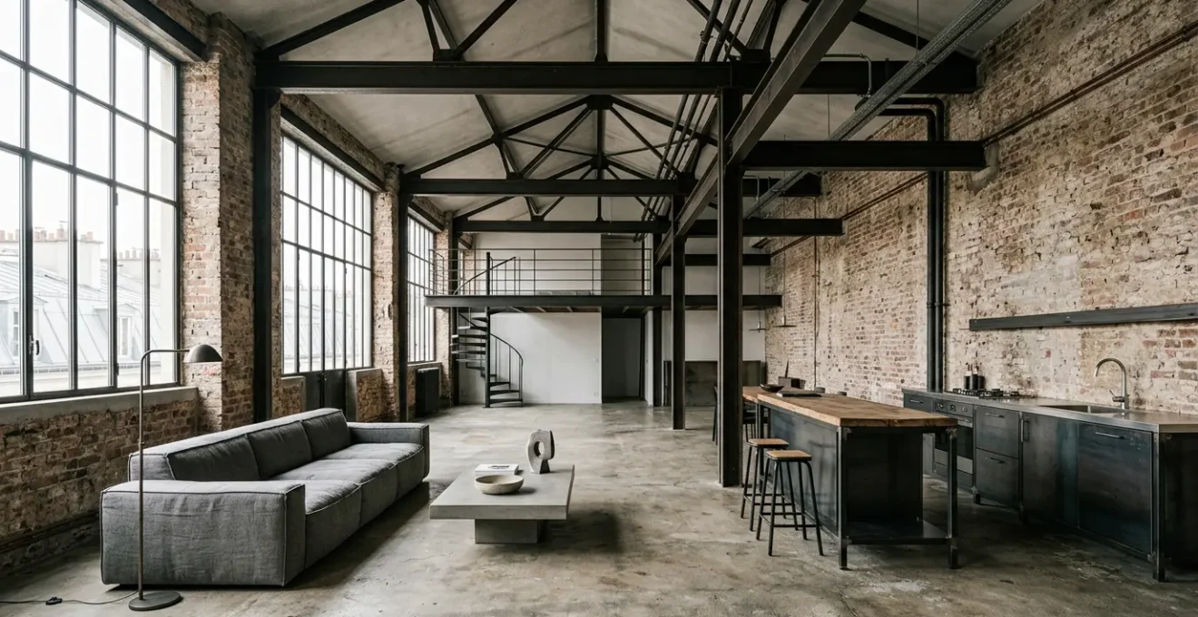 Loft industriel alliant murs de briques apparentes, poutres métalliques IPN et mobilier contemporain confortable