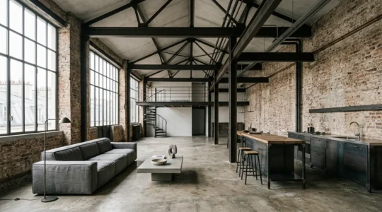 Loft industriel alliant murs de briques apparentes, poutres métalliques IPN et mobilier contemporain confortable