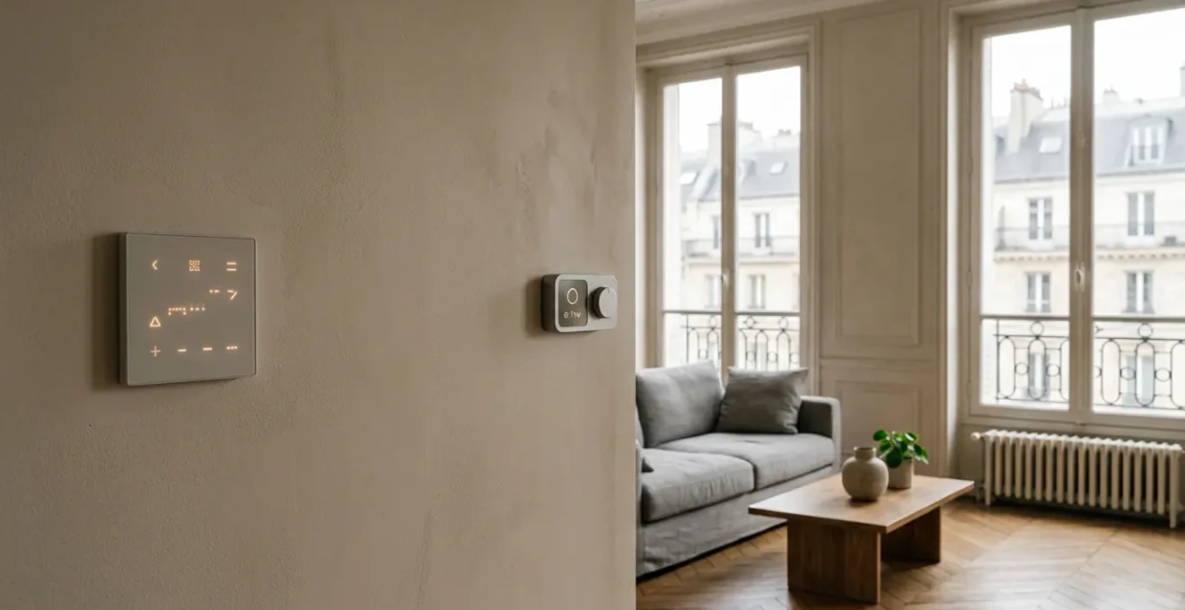 Intérieur moderne d'une maison française avec système domotique et écran de contrôle montrant des économies d'énergie