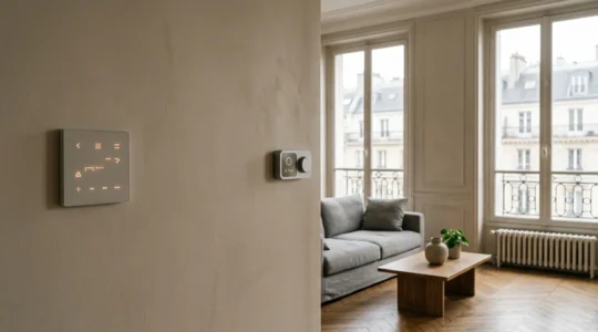 Intérieur moderne d'une maison française avec système domotique et écran de contrôle montrant des économies d'énergie