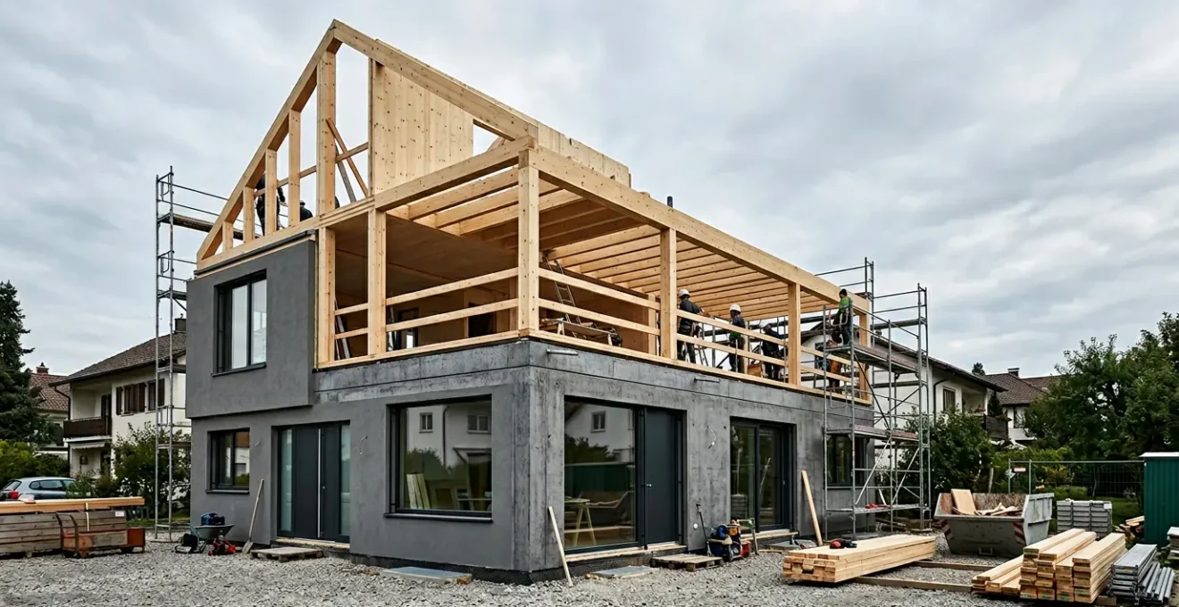 Vue architecturale d'une maison en cours de surélévation avec nouvelle structure en bois