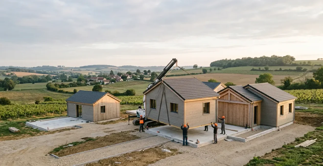 Construction d'une maison modulaire en bois avec modules préfabriqués installés sur fondations