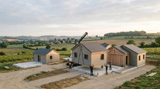 Construction d'une maison modulaire en bois avec modules préfabriqués installés sur fondations