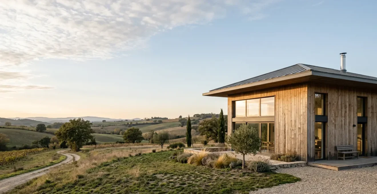 Vue extérieure d'une maison passive contemporaine avec grande baie vitrée orientée sud