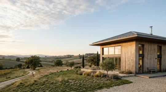 Vue extérieure d'une maison passive contemporaine avec grande baie vitrée orientée sud
