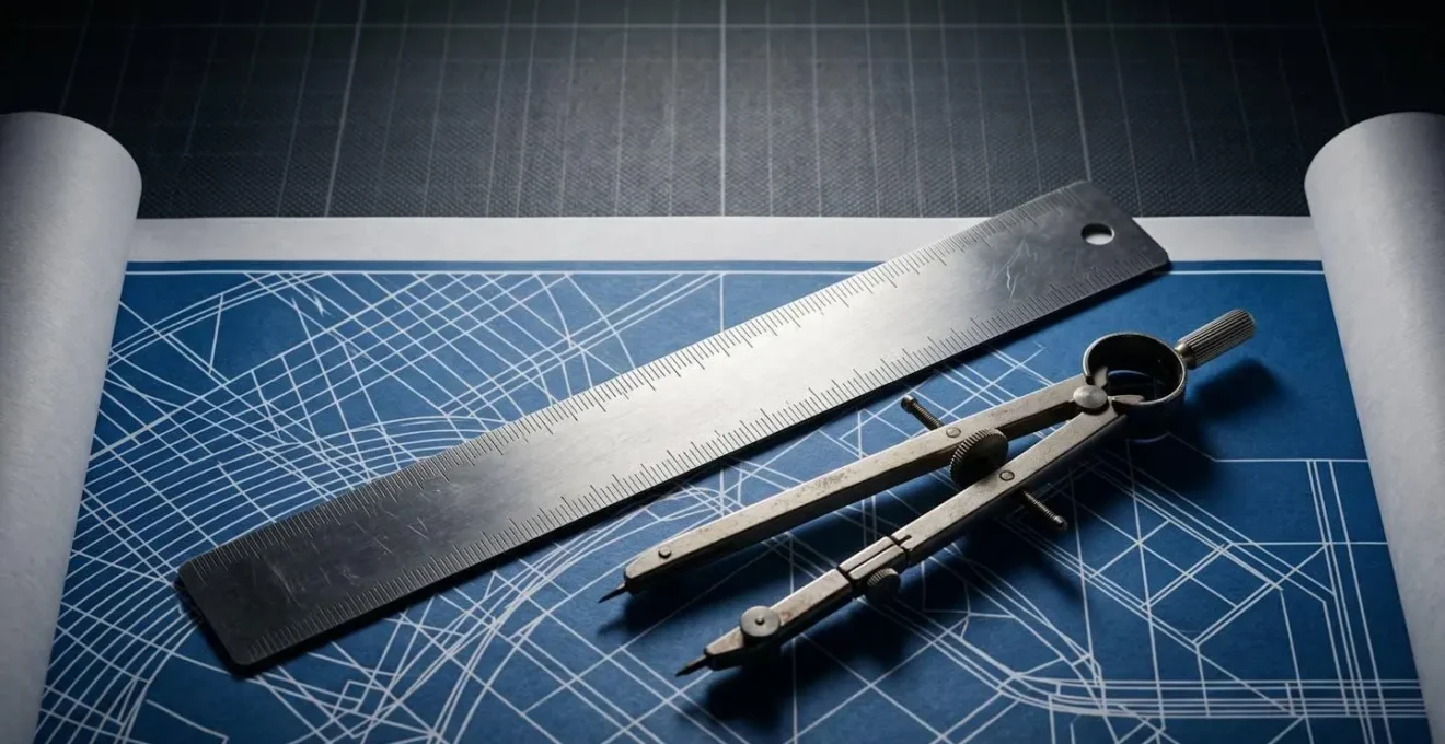 Détail d'un outil de mesure professionnel sur un plan architectural montrant les calculs de hauteur