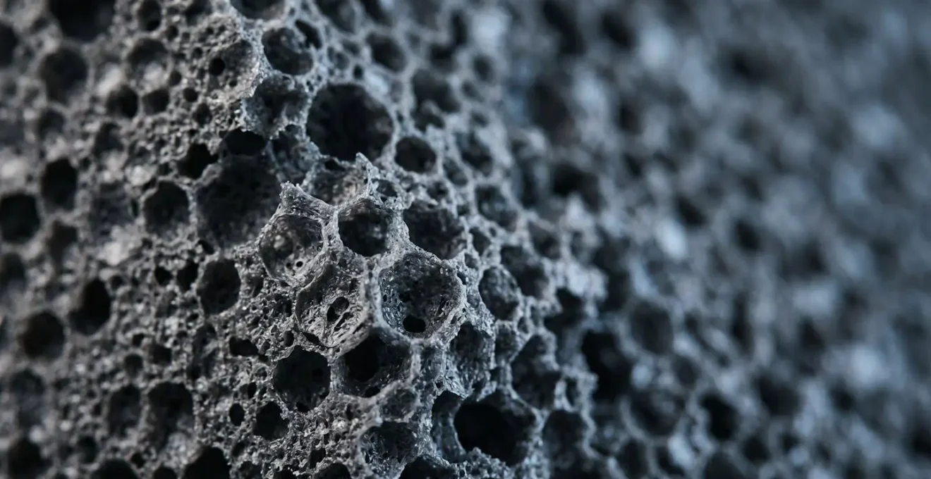 Gros plan sur la structure à cellules fermées d'une mousse isolante élastomère pour tuyauterie