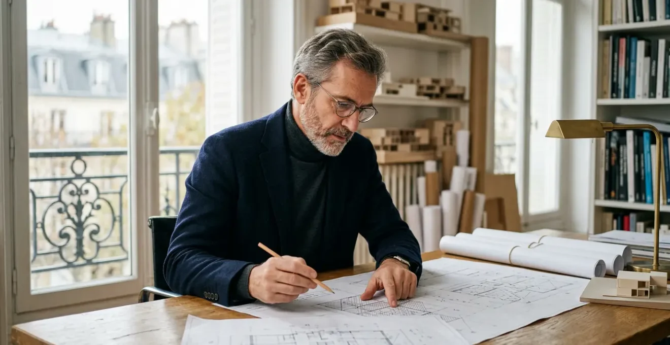 Professionnel de l'urbanisme examinant un dossier de permis de construire avec plans architecturaux