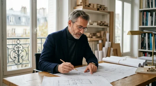 Professionnel de l'urbanisme examinant un dossier de permis de construire avec plans architecturaux