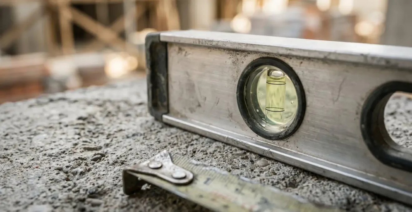 Niveau à bulle professionnel et mètre laser sur surface de chantier pour contrôle qualité