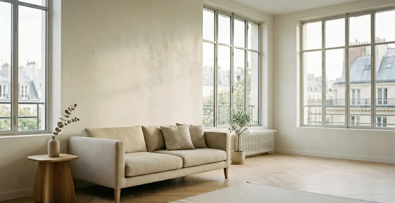 Intérieur moderne français avec murs fraîchement peints, ambiance lumineuse et air purifié symbolisant la qualité de l'air intérieur