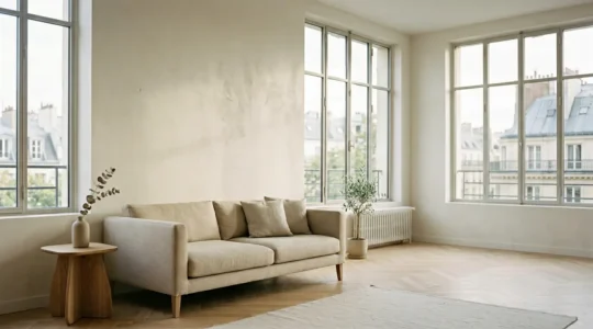 Intérieur moderne français avec murs fraîchement peints, ambiance lumineuse et air purifié symbolisant la qualité de l'air intérieur
