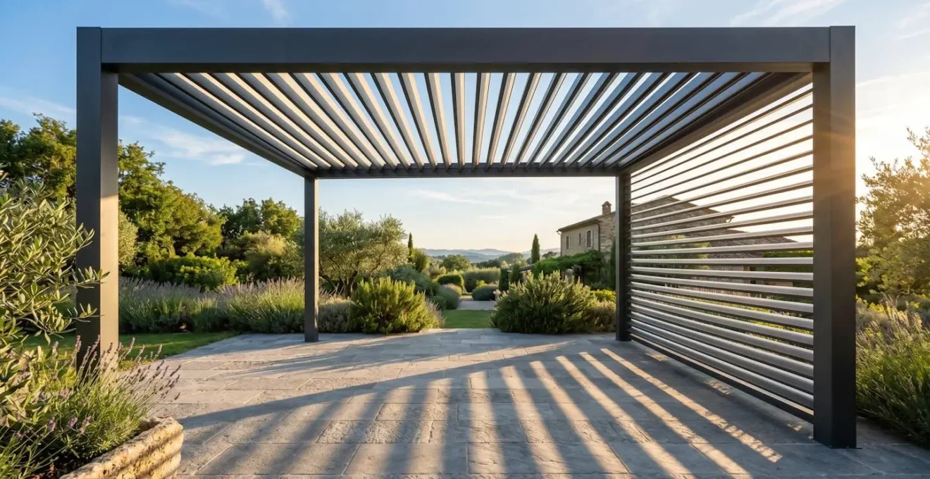 Pergola bioclimatique avec lames orientables au-dessus d'une terrasse française ensoleillée