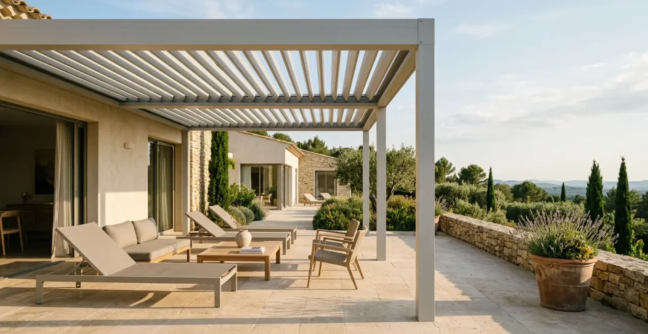 Pergola bioclimatique contemporaine avec lames orientables sur une terrasse française sous ciel bleu