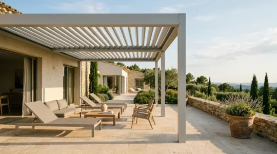 Pergola bioclimatique contemporaine avec lames orientables sur une terrasse française sous ciel bleu