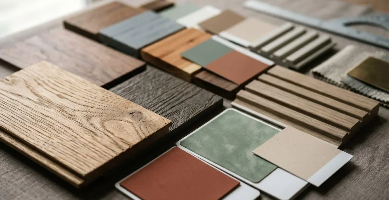 Échantillons de matériaux de bardage et de finitions pour maisons modulaires disposés sur table de travail