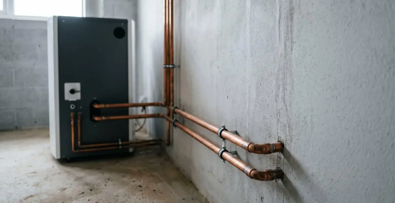 Vue d'ensemble minimaliste d'une chaufferie montrant les premiers mètres de tuyauterie en sortie de chaudière