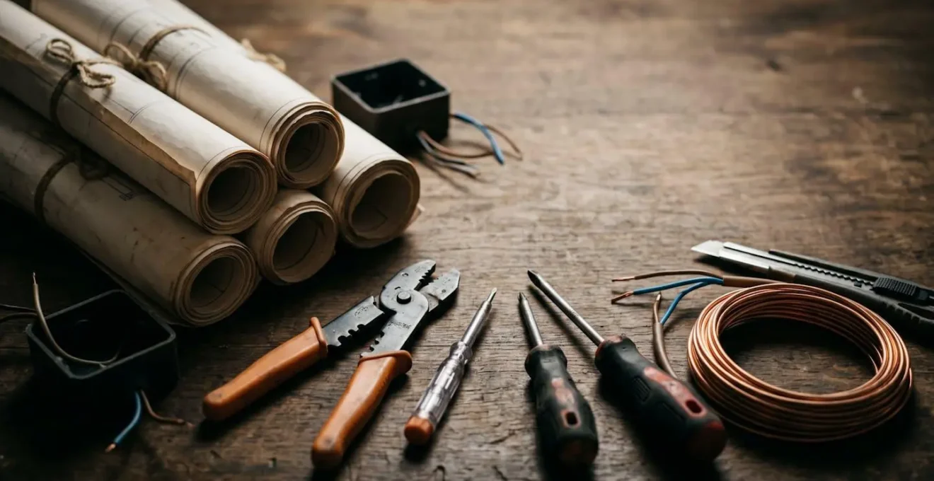 Plans techniques de rénovation électrique avec outils professionnels sur table de travail