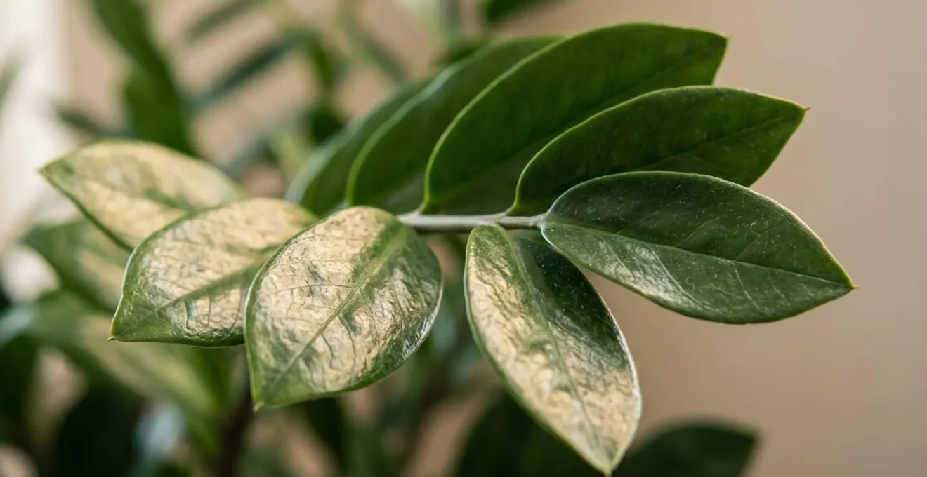 Photographie macro détaillée des feuilles vertes brillantes d'une plante Zamioculcas, texture lisse et graphique, symbole de résilience végétale pour intérieur