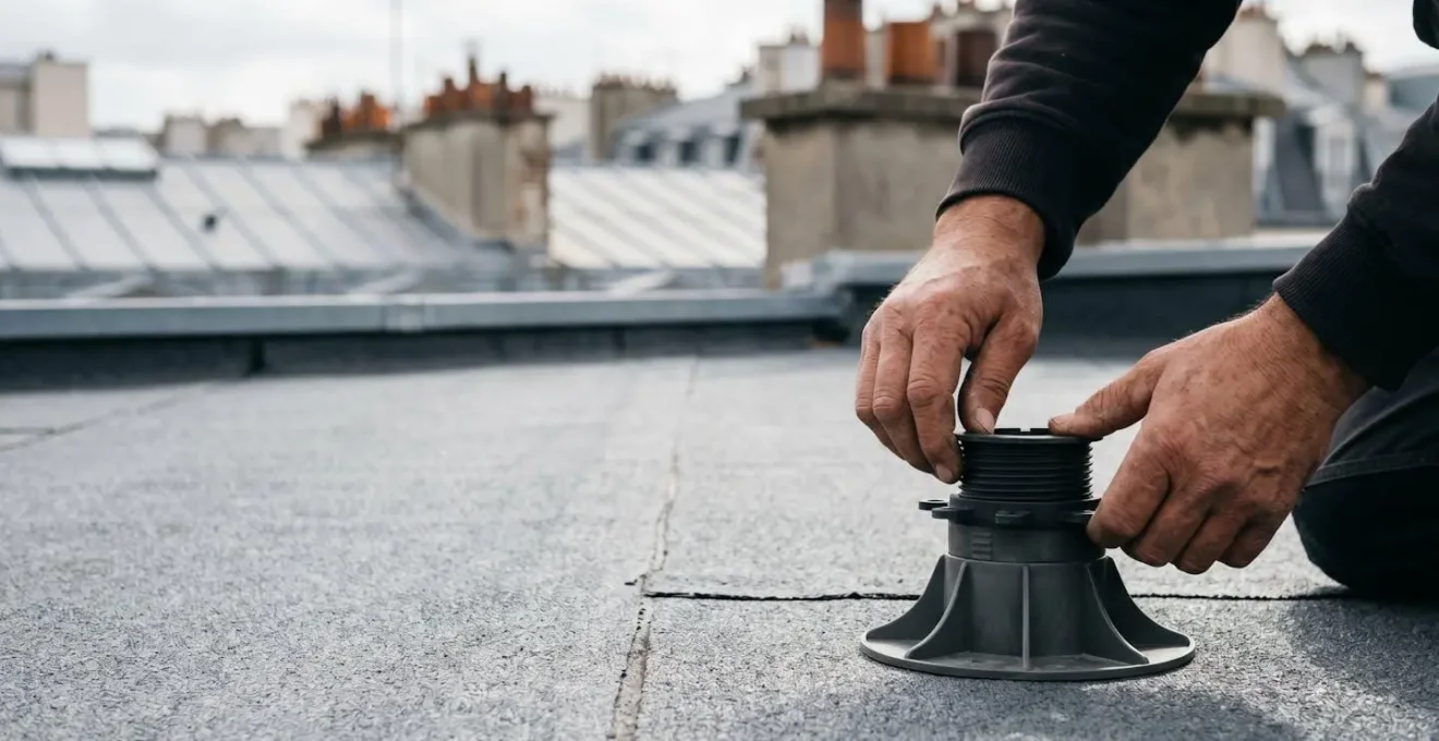 Installation professionnelle de plots réglables sur membrane d'étanchéité de toiture