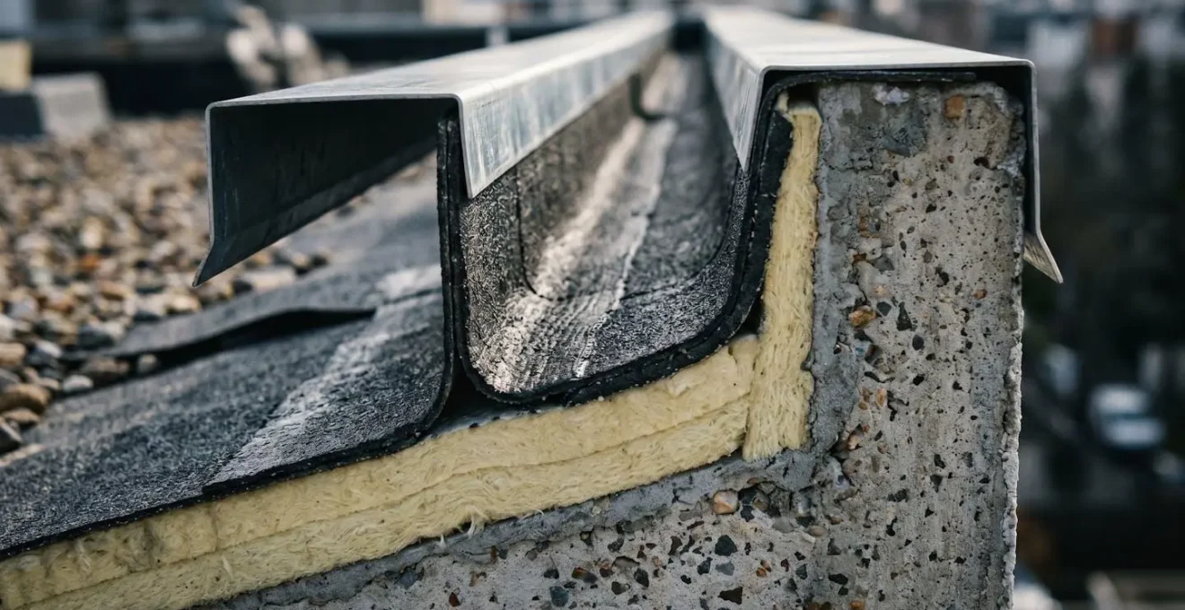 Détail architectural d'un relevé d'étanchéité sur acrotère conforme au DTU 43