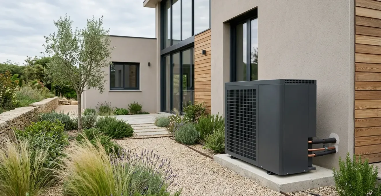 Installation moderne de pompe à chaleur devant une maison française rénovée