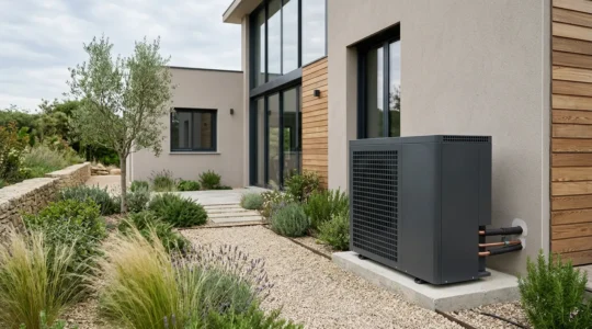 Installation moderne de pompe à chaleur devant une maison française rénovée