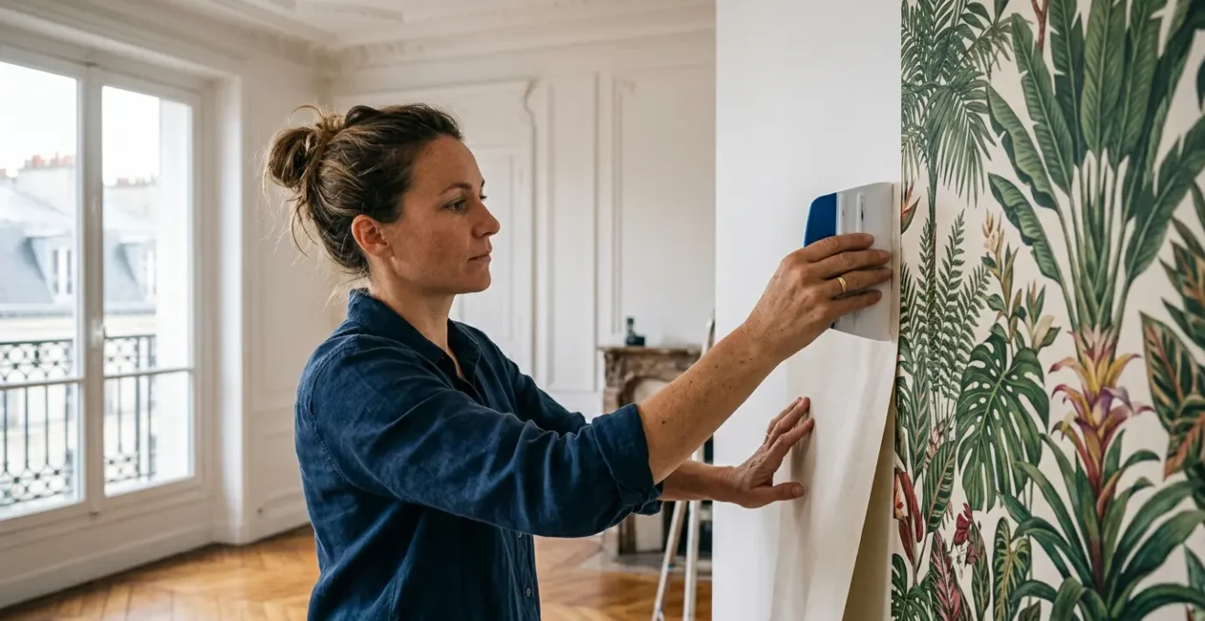 Professionnel appliquant méticuleusement un papier peint panoramique tropical sur un mur blanc immaculé