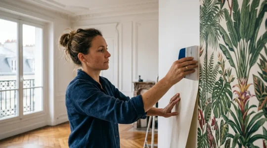 Professionnel appliquant méticuleusement un papier peint panoramique tropical sur un mur blanc immaculé