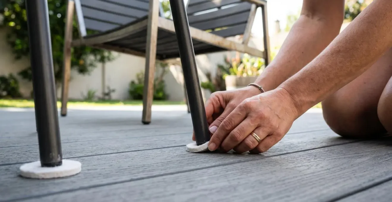 Detail de patins de protection en feutre installes sous les pieds d'une chaise de jardin en metal sur terrasse composite