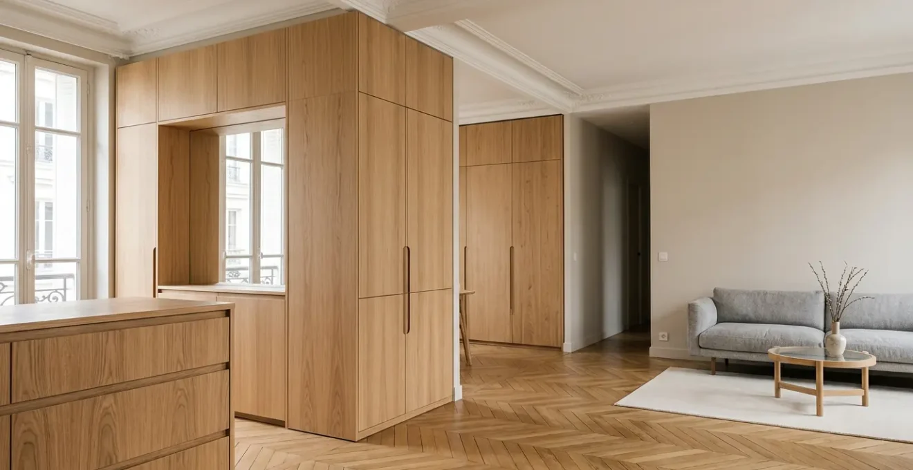 Aménagement intérieur avec rangements sur-mesure optimisant l'espace vertical et les zones perdues d'un logement moderne