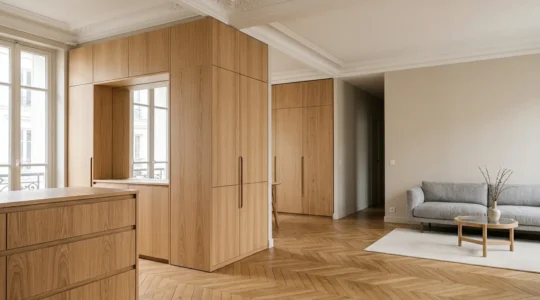 Aménagement intérieur avec rangements sur-mesure optimisant l'espace vertical et les zones perdues d'un logement moderne