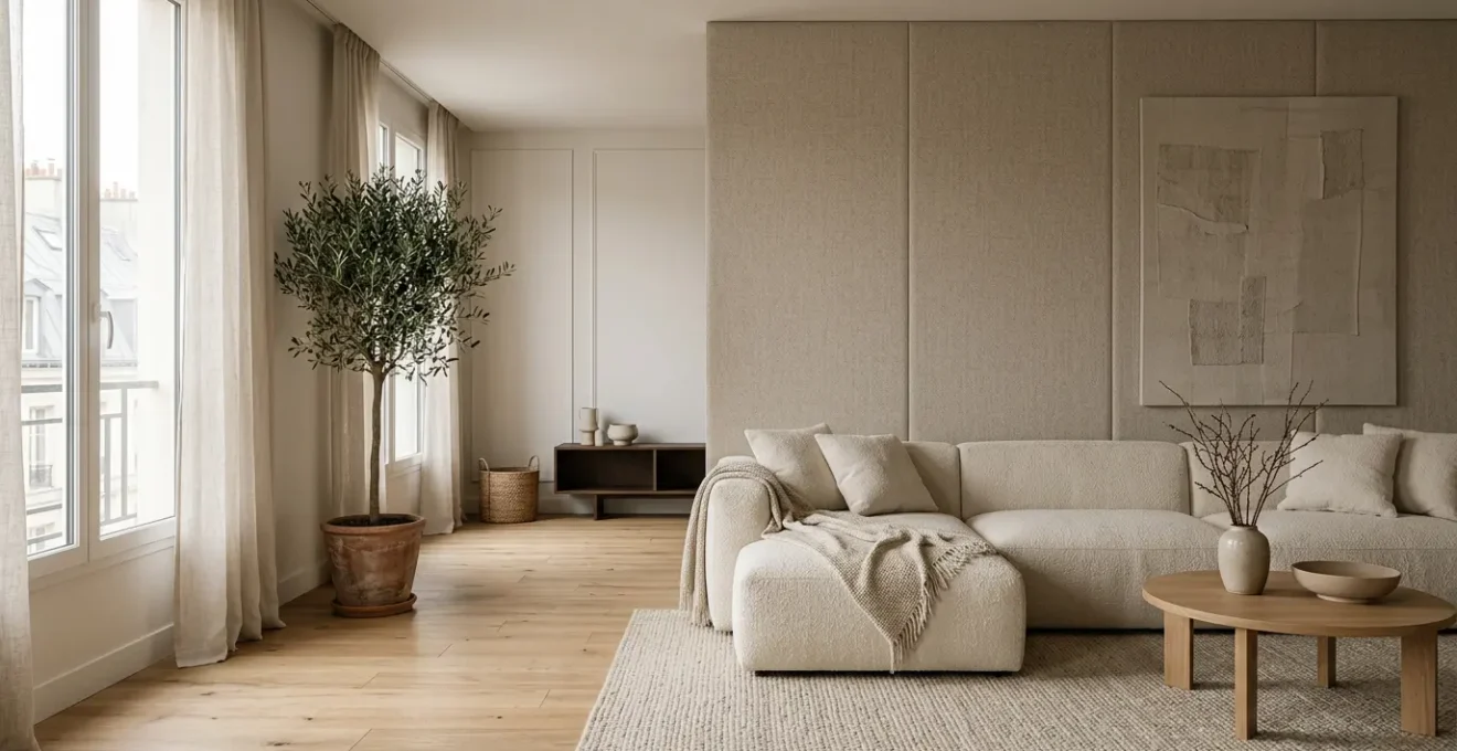 Intérieur contemporain paisible avec traitement acoustique discret et matériaux absorbants