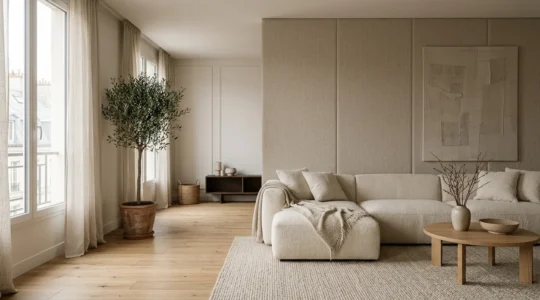 Intérieur contemporain paisible avec traitement acoustique discret et matériaux absorbants