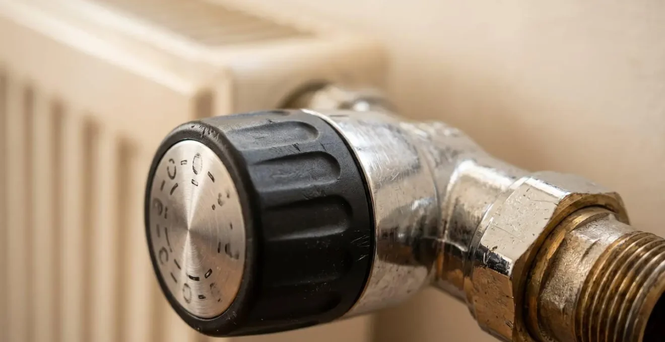 Gros plan sur un robinet thermostatique moderne installe sur un radiateur avec details de la molette de reglage