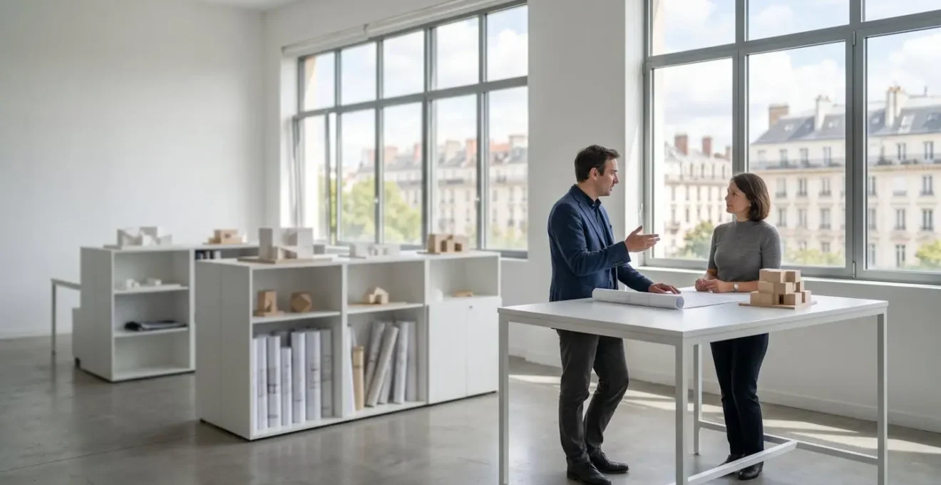 Discussion professionnelle entre porteur de projet et expert en construction dans un environnement architectural