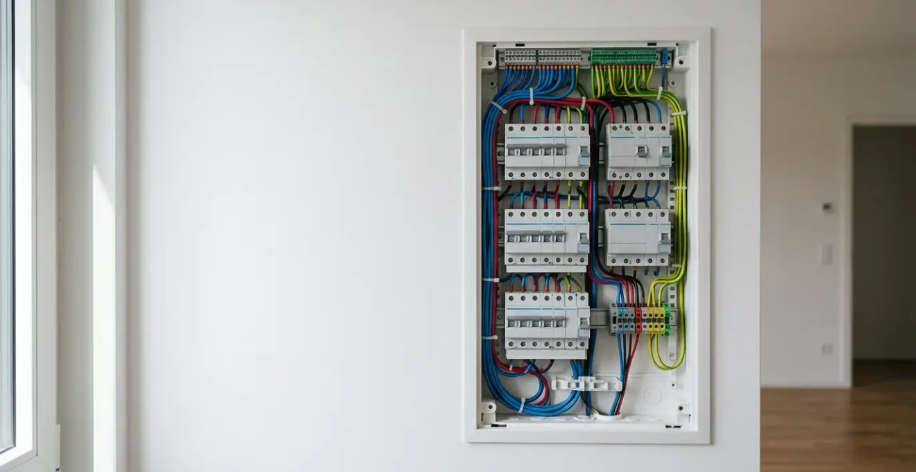 Tableau électrique moderne ouvert avec câbles bien organisés dans une maison en rénovation