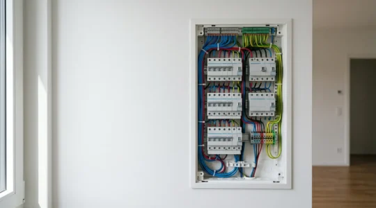 Tableau électrique moderne ouvert avec câbles bien organisés dans une maison en rénovation