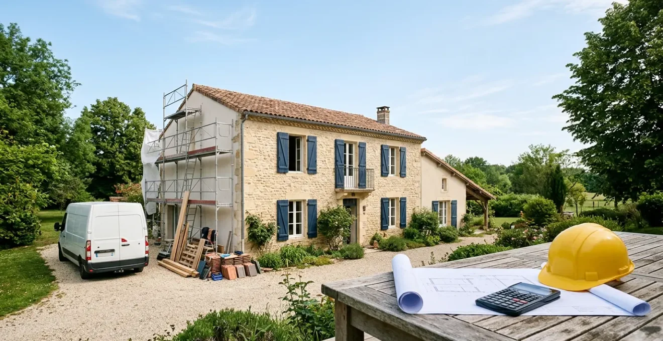 Vue d'ensemble d'une maison en renovation avec plans et calculatrice symbolisant la gestion de budget