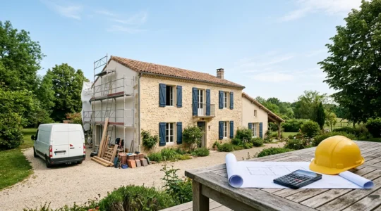 Vue d'ensemble d'une maison en renovation avec plans et calculatrice symbolisant la gestion de budget