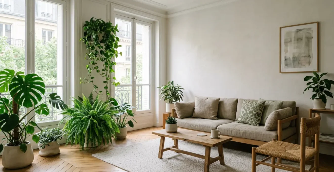 Intérieur contemporain baigné de lumière naturelle avec végétation luxuriante, espace de vie apaisant intégrant le design biophilique