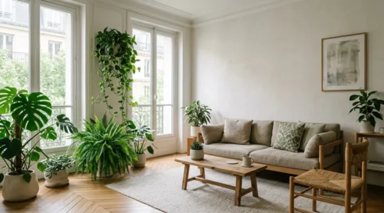 Intérieur contemporain baigné de lumière naturelle avec végétation luxuriante, espace de vie apaisant intégrant le design biophilique